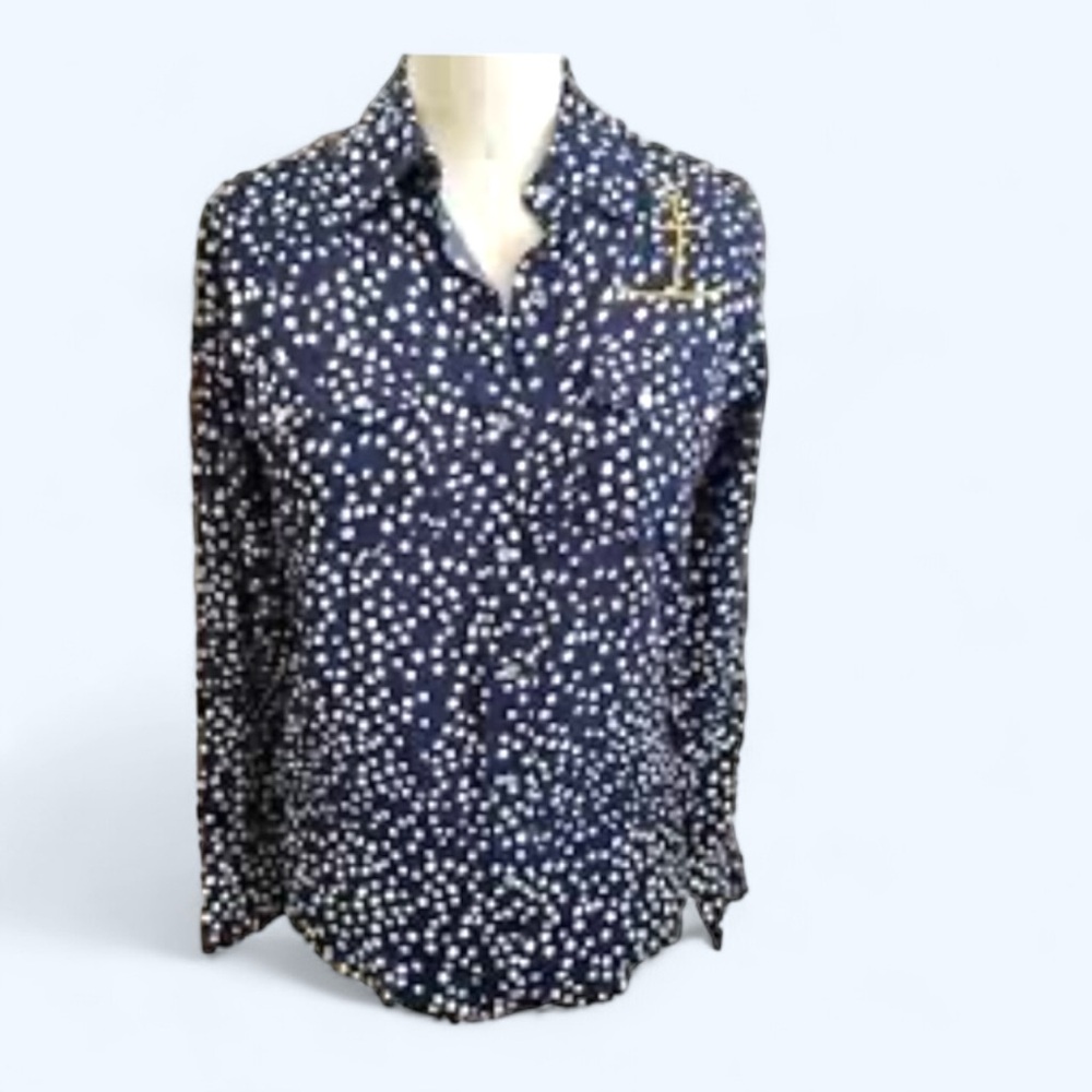 Sandrine Rose Navy‎ Polka Dot Anchor Button down Blouse size medium NWT